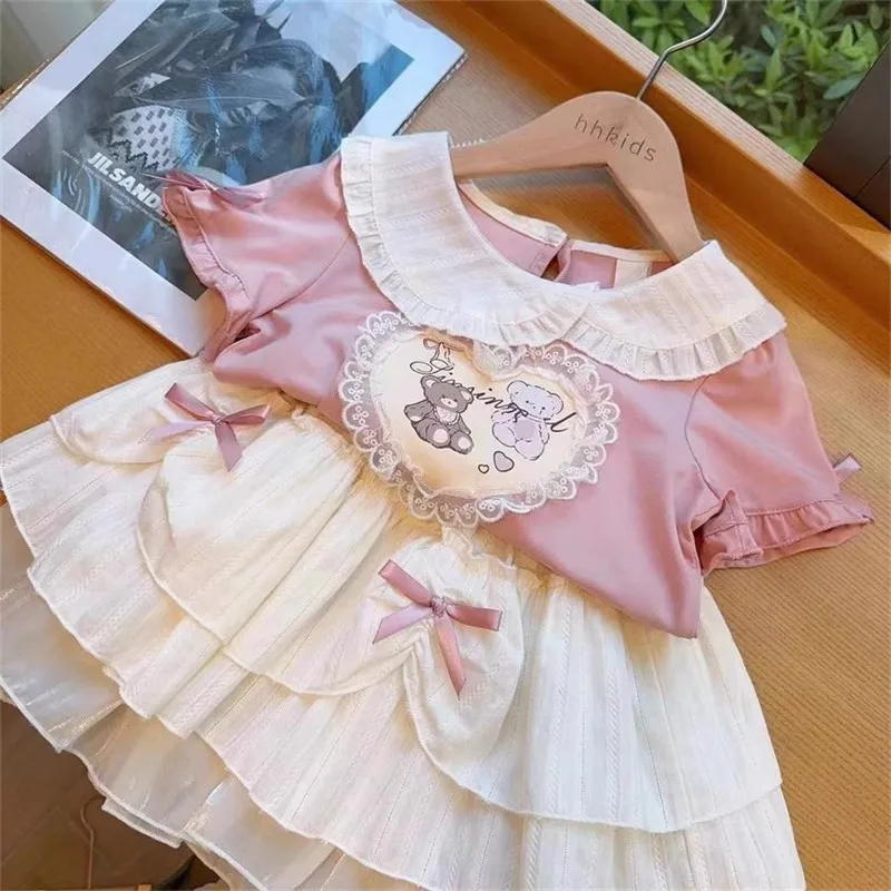 

2026Summer new style girls' bubble short-sleeve doll collar cartoon heart patternTT-shirt, top, cake skirt set