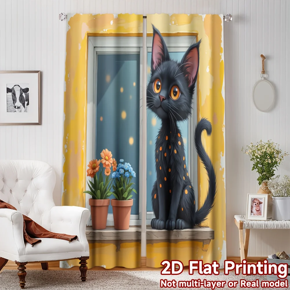 Yellow Frame Black Cat Curtain 2 Panels, Cartoon Orange Dot Kitten Potted Flower Print Yellow Background Warm Home Decor Curtain