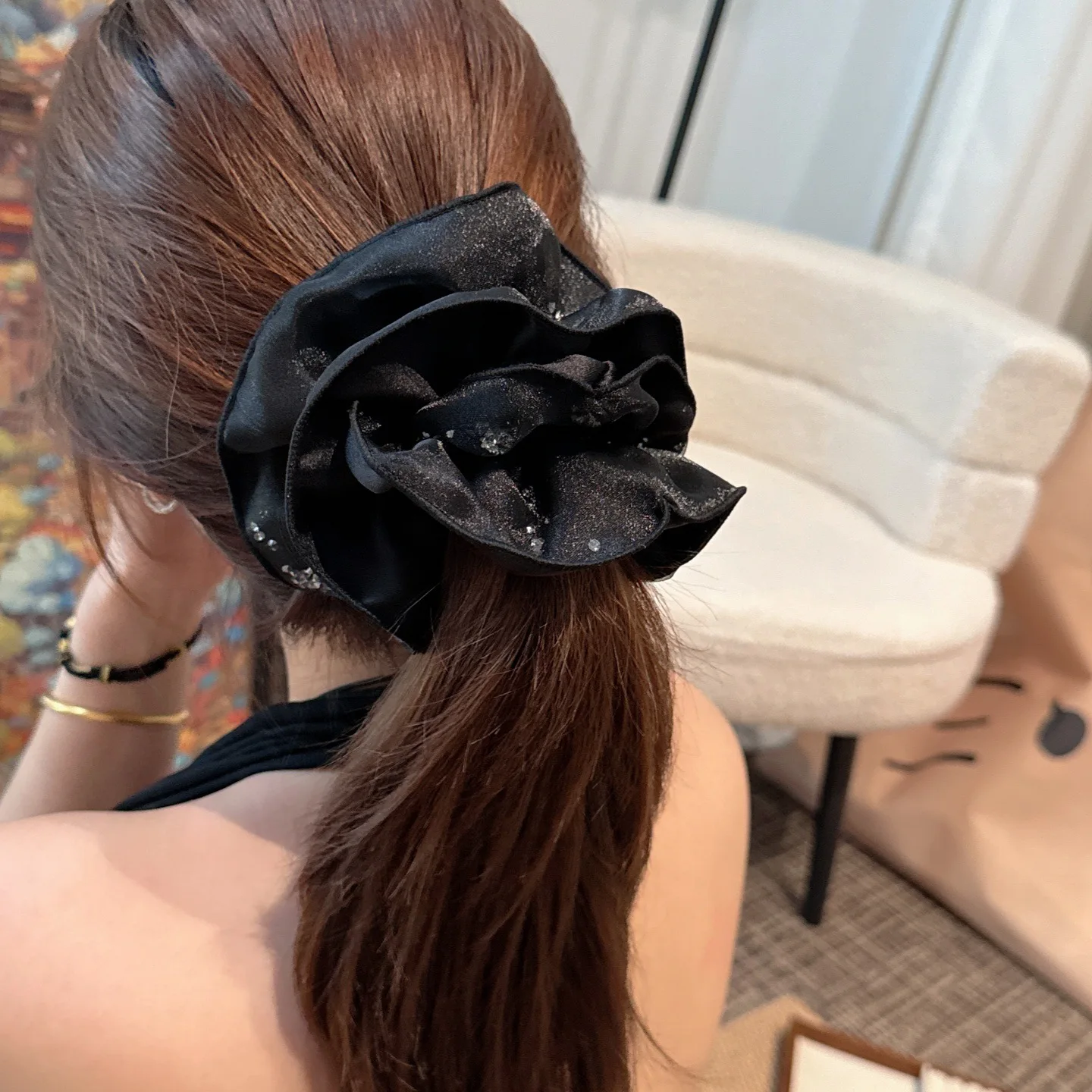 Frankreich Stil Bling Strass Schwarz Mesh Scrunchies High-end-frauen Haar Seil Vielseitig Temperament Haar Krawatte Haar Zubehör – Detail 2