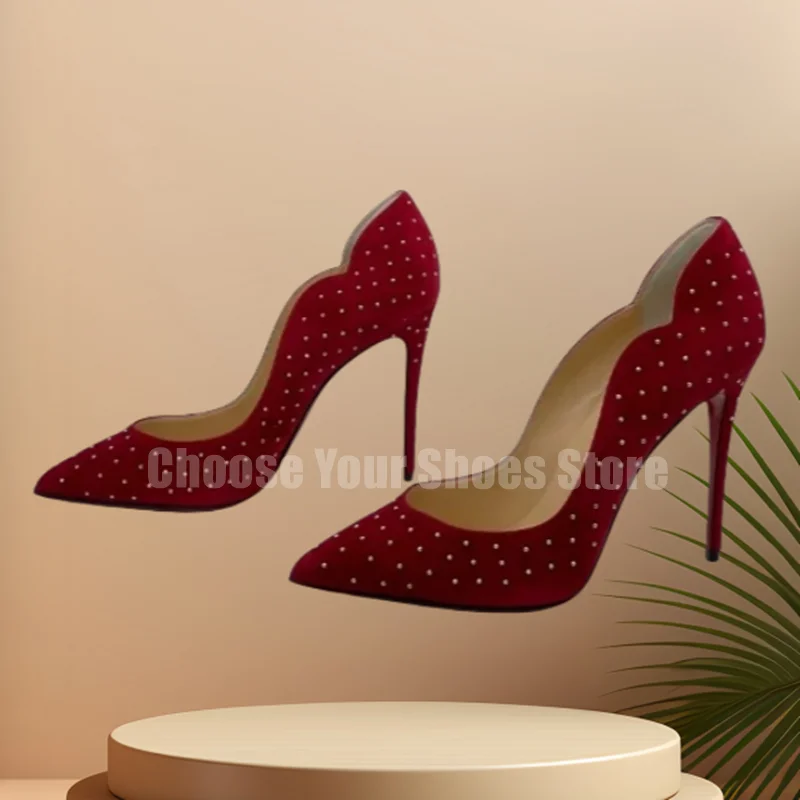 2025 أشار تو أحذية عالية الكعب الأحمر الجلد المدبوغ المسامير رصع الخنجر الكعوب المرأة فستان مثير أحذية 12/10 سنتيمتر #3