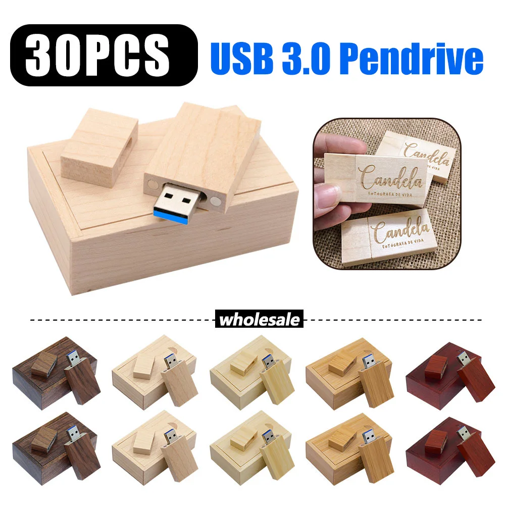 30pcs/lot High Speed USB 3.0 Flash Drive 128GB Free Custom LOGO 64GB Wedding Photography Gifts 32GB 16GB 8GB Wooden Box Pendrive