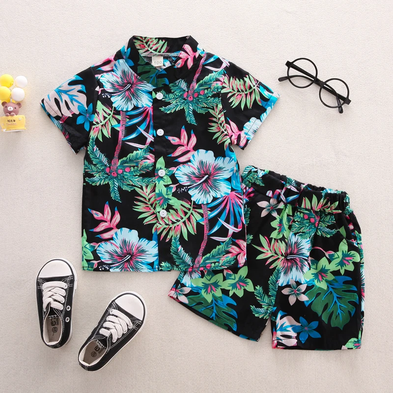 Boy Children\'s Clothing Baby Girl Clothes Summer Baby Top+Pants 2pcs Short Sets Cotton Flowers Hawaiian Beach Style Outfits