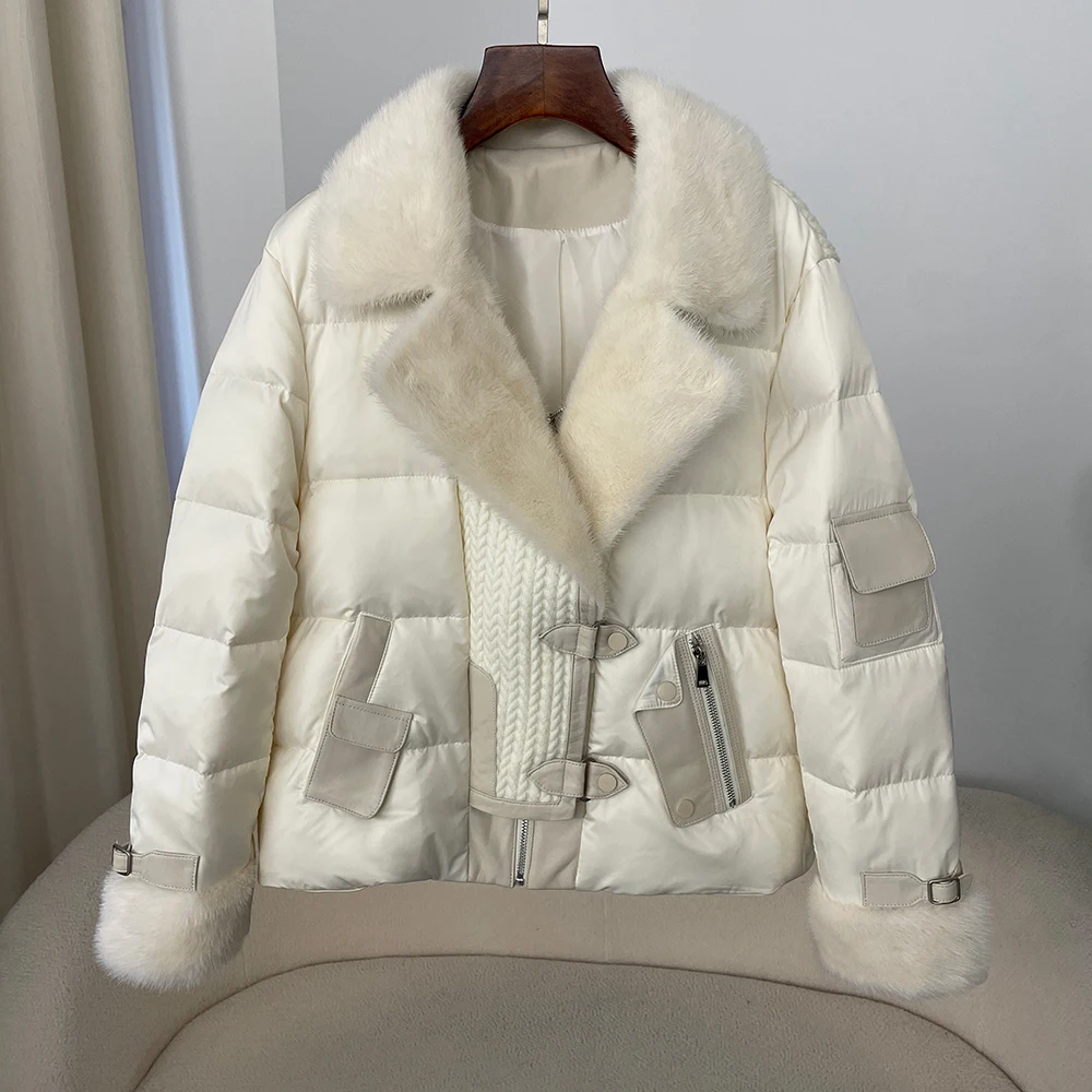 2024 Autumn Winter New Mulberry Silk 90% White Goose Down Down Jacket Women Short Mink Fur Collar Fur Jacket Thickened Warm