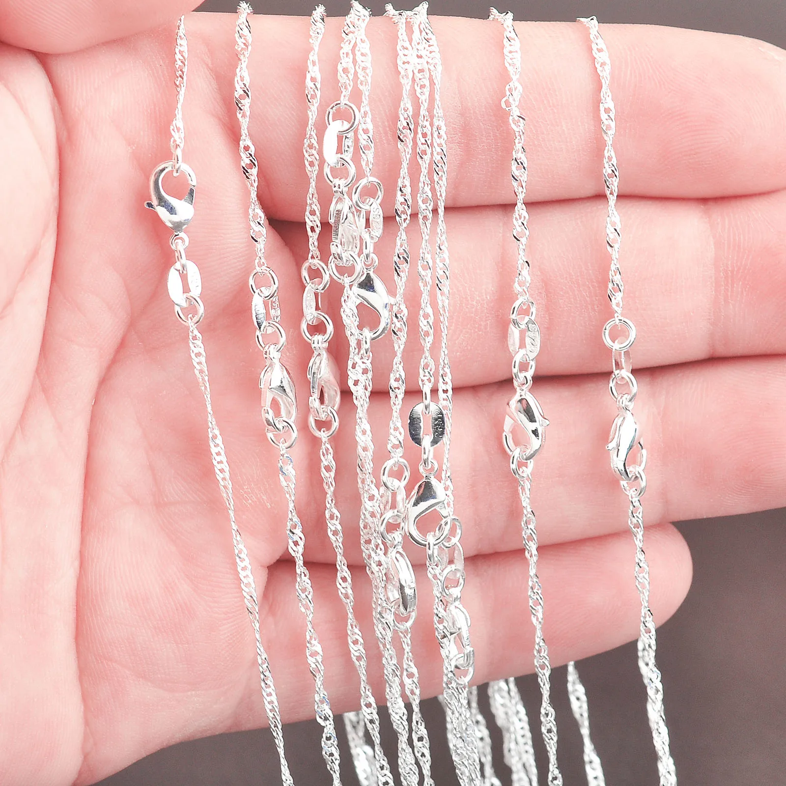 Promotion Wholesale Solid 925 Sterling Silver Beautiful Water Wave Necklace Singapore Chain With Lobster clasps 16\