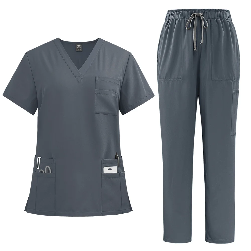 Babyoung-ropa de trabajo para Hospital, negro con uniforme médico cuello en V, conjunto mate de belleza para mujeres y hombres