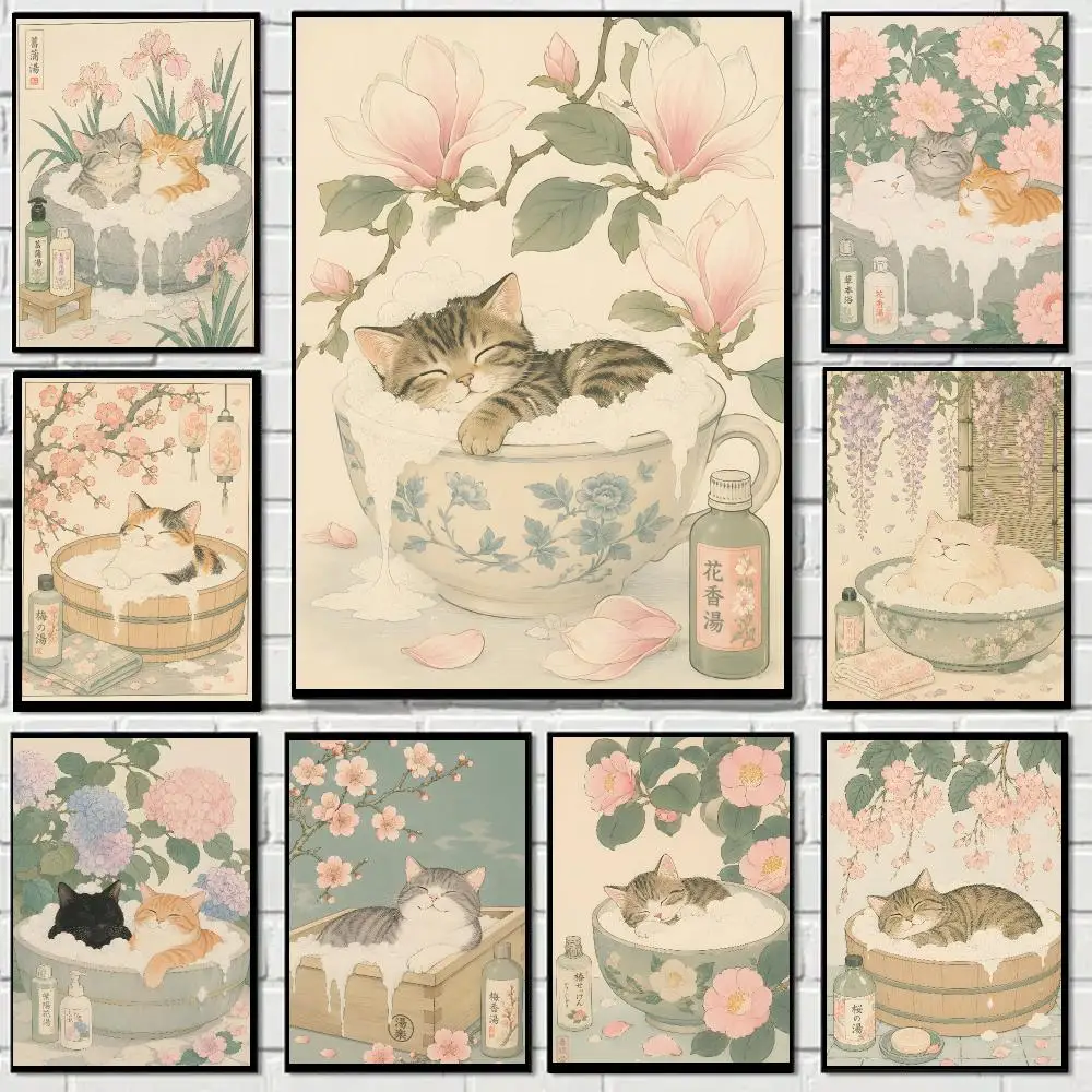 Japanese bath cat floral ukiyo-e collage Poster Art HD Advanced Aesthetic Printing Paper Wall Art for Living Room Home Decor