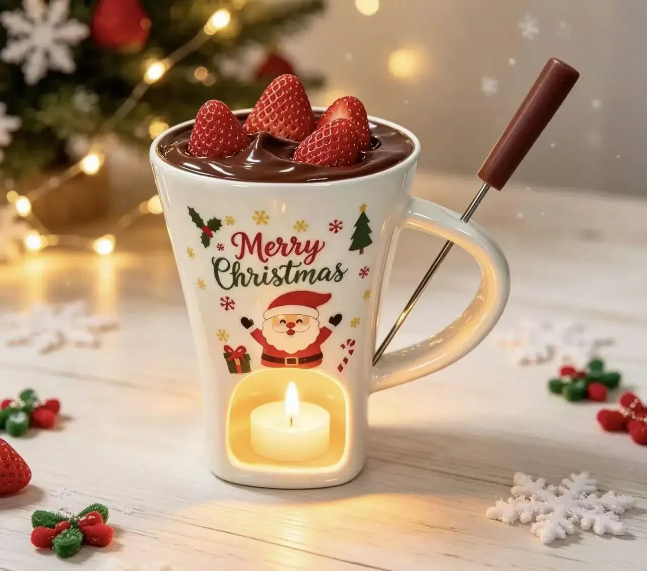 150ML Weihnachts-Keramikbecher Schokoladen-Schmelzofen mit Gabel, Heizender Käse-Hotpot-Becher, Weihnachtsgeschenk für Paare – Detail 2