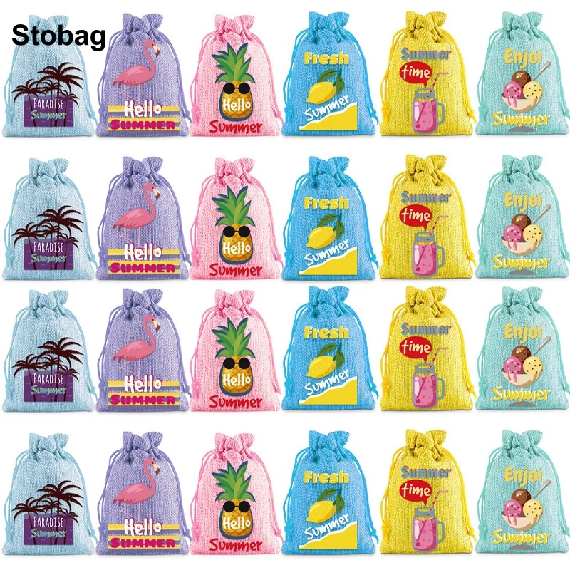 

StoBag 5pcs Happy Summer Party Linen Bags Drawstring Kids Children Bundle Pocket Gift Package Small Storage Pouches Holiday