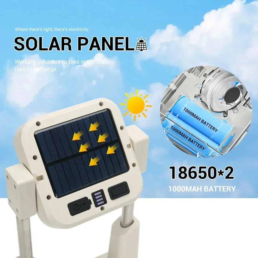 Portable Spotlights LED Solar Camping Lantern Rechargeable Super Bright Flashlight 360°Rotating Retractable Emergency Work Light