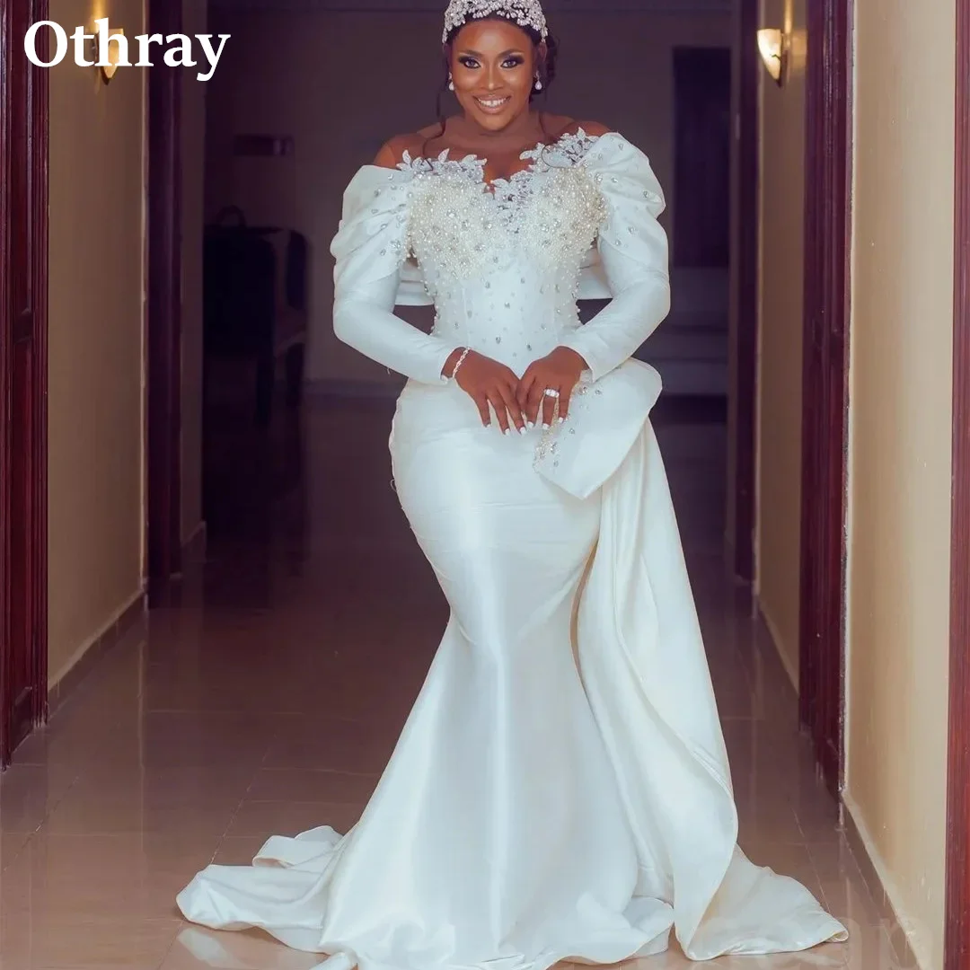 

Othray Aso Ebi Satin Wedding Dresses Applique Pearls Mermaid Plus Size Bridal Gowns Long Sleeves Mermaid Vestidos De Novia