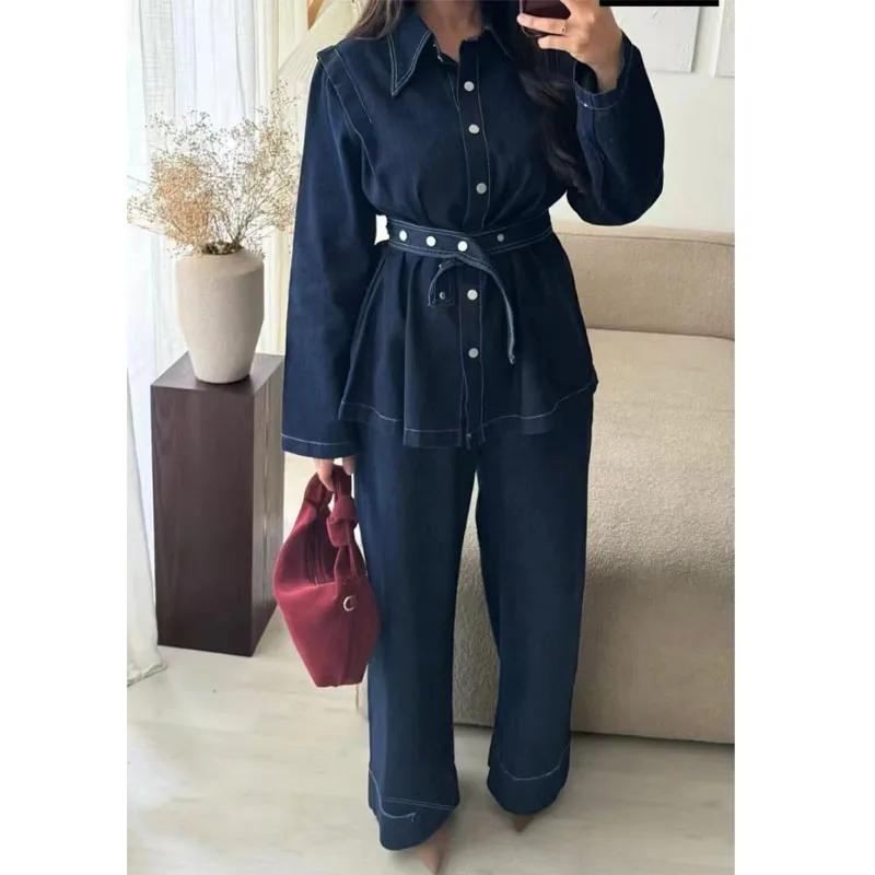 

SuperAen Washed Denim Blue Loose High Street Jacket Coats Korean Style Fashion Full Length Wide-leg Pants Sets