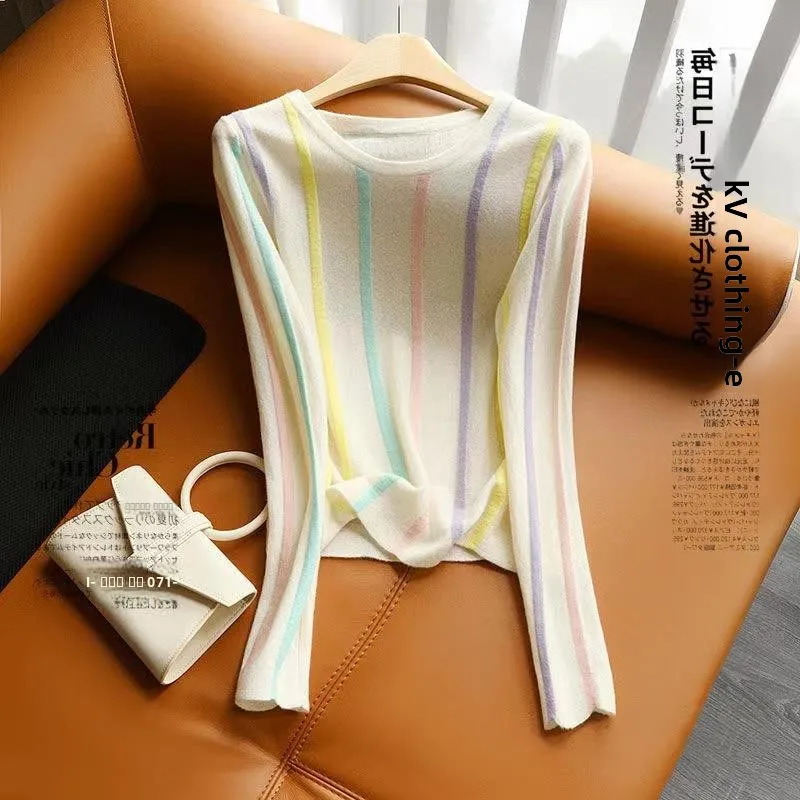 

Spring Autumn Rainbow Vertical Stripes Women's Slim Fit Long Sve Base irt Korean Sle Sun Protection Top Polyester Fiber
