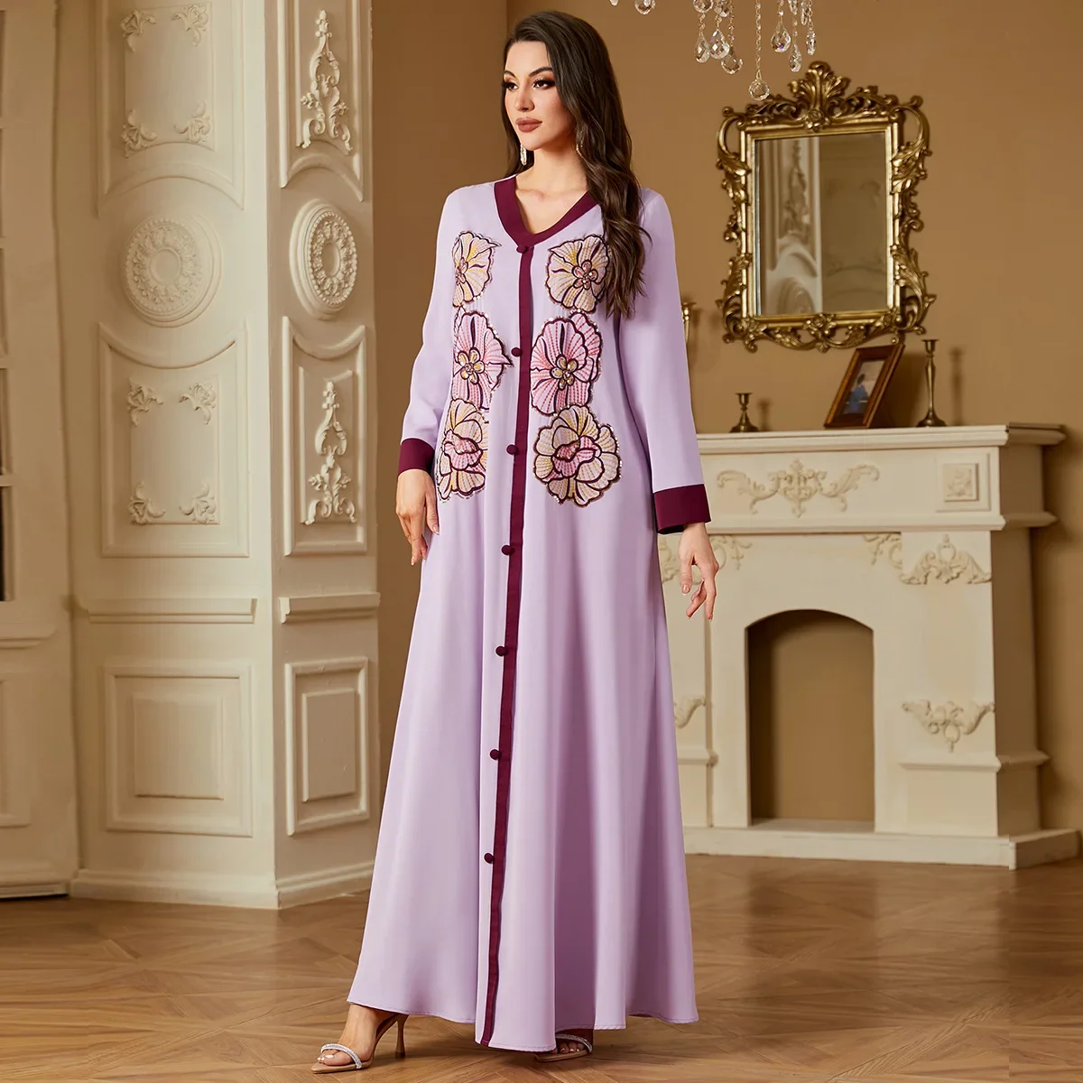 

2025 Summer Fashion Muslim Women Long Sleeve V-neck Polyester Purple Embroidery Long Maxi Dress Kaftan Abaya Outfits S-2XL