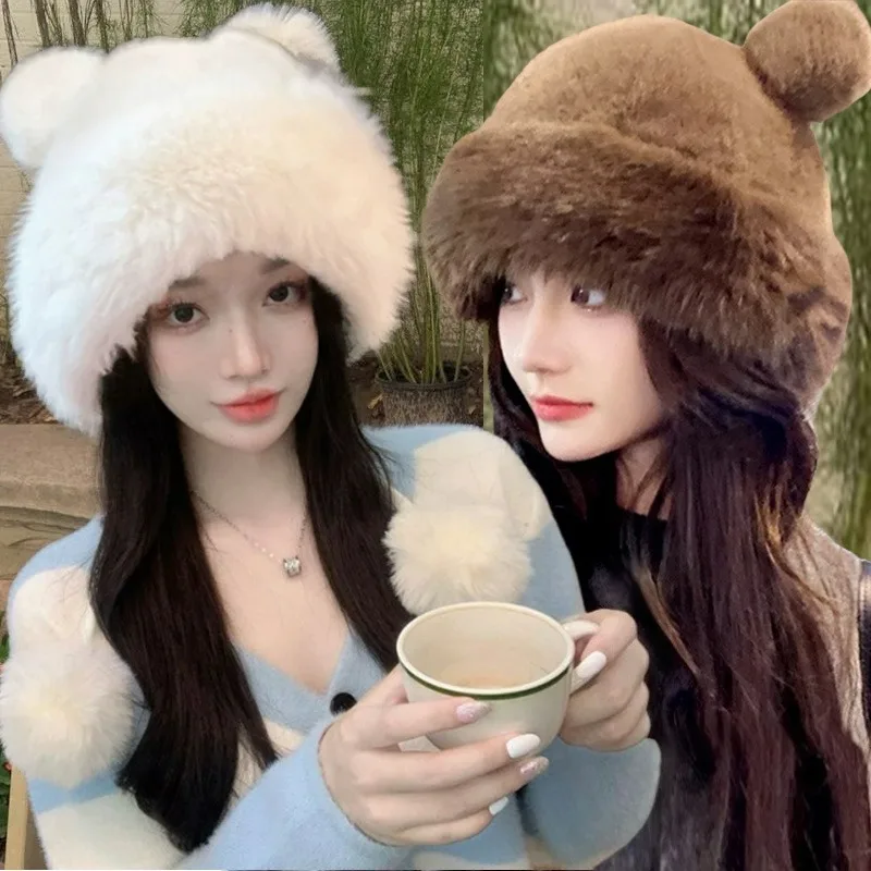 

Thicken Plush Fur Hats Bear Ear Fur Cap Mongolian Hat Brimless Plush Fluffy Skiing Riding Warm Caps for Girls Women Winter Gifts