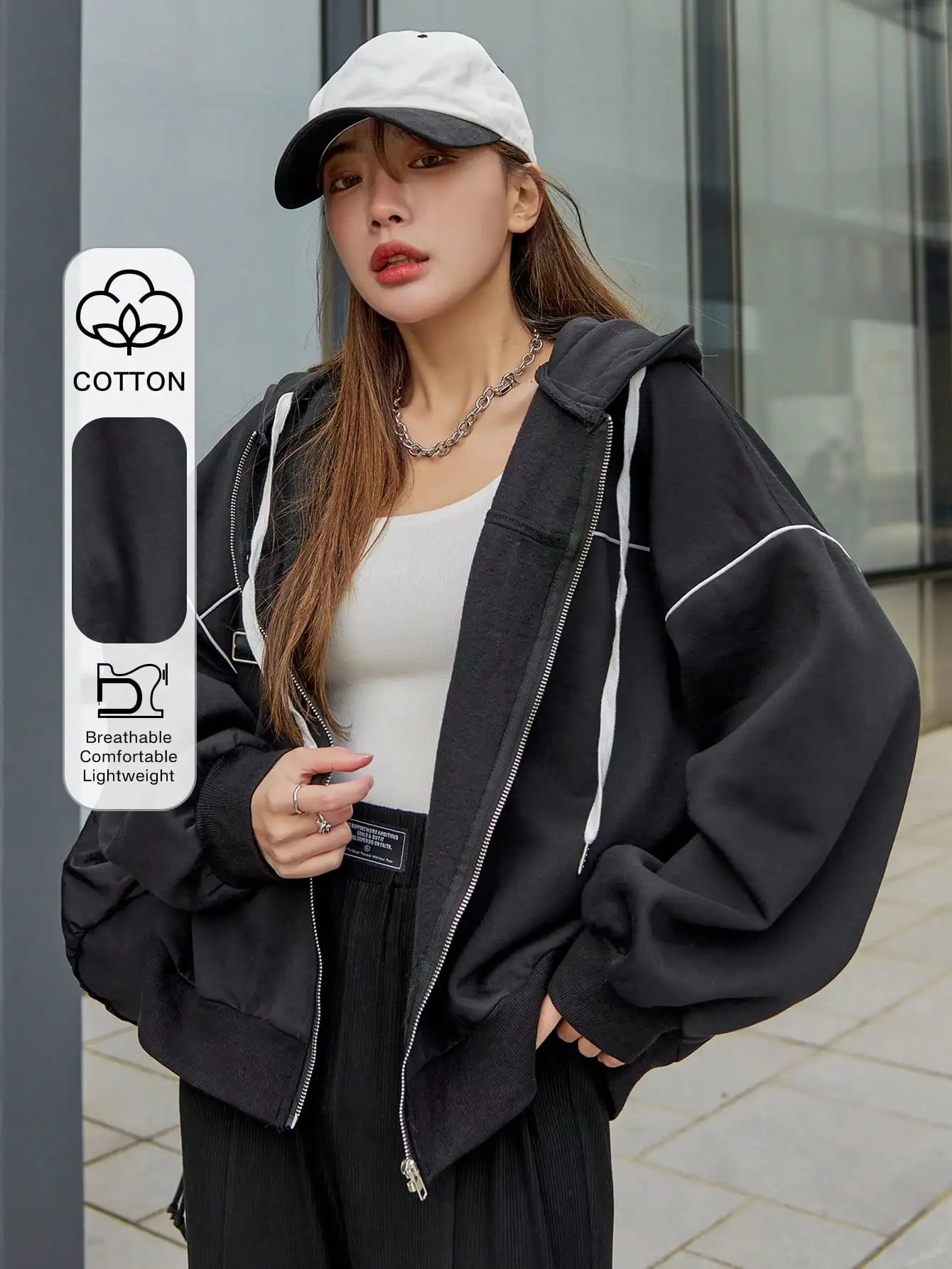 

Женская свободная толстовка на молнии с заниженной линией плеча, смесь хлопка, повседневная уличная одежда для осени и зимы