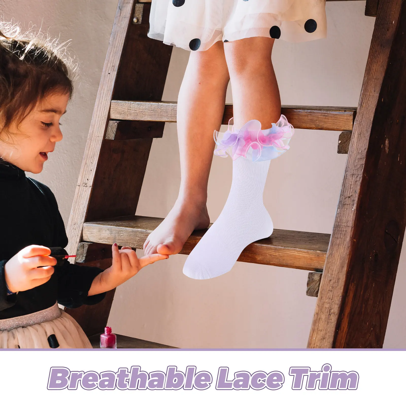 2Pairs Rainbow Lace Socks Girls Knee High Breathable Princess Stockings Toddler Kids Frilly Cotton Socks Fashion Birthday