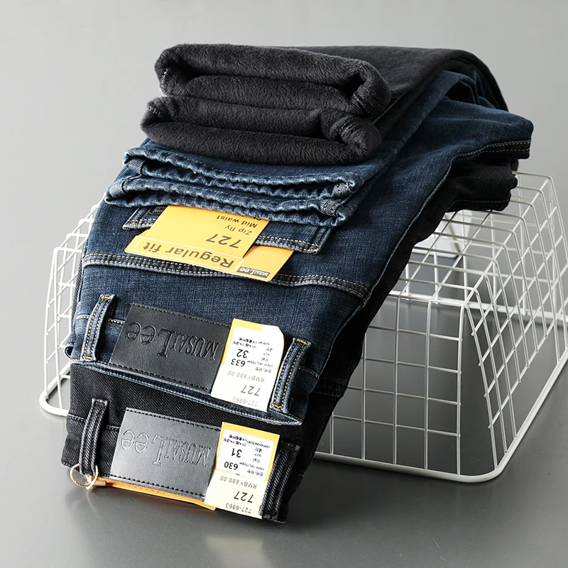 

Thickened Fleece Soft Warm Straight Leg Casual Jeans Autumn Winter High Elasticity Slimming Jeans for Young Men mid Waist Zipper