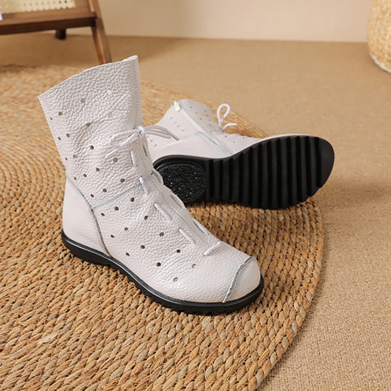 Weiße, halbhohe Damen-Lederstiefel mit Hohlmuster, dünn, atmungsaktiv, weiche Sohle, Obermaterial aus Rindsleder, runde Zehenpartie, seitlicher Reißverschluss – Detail 7
