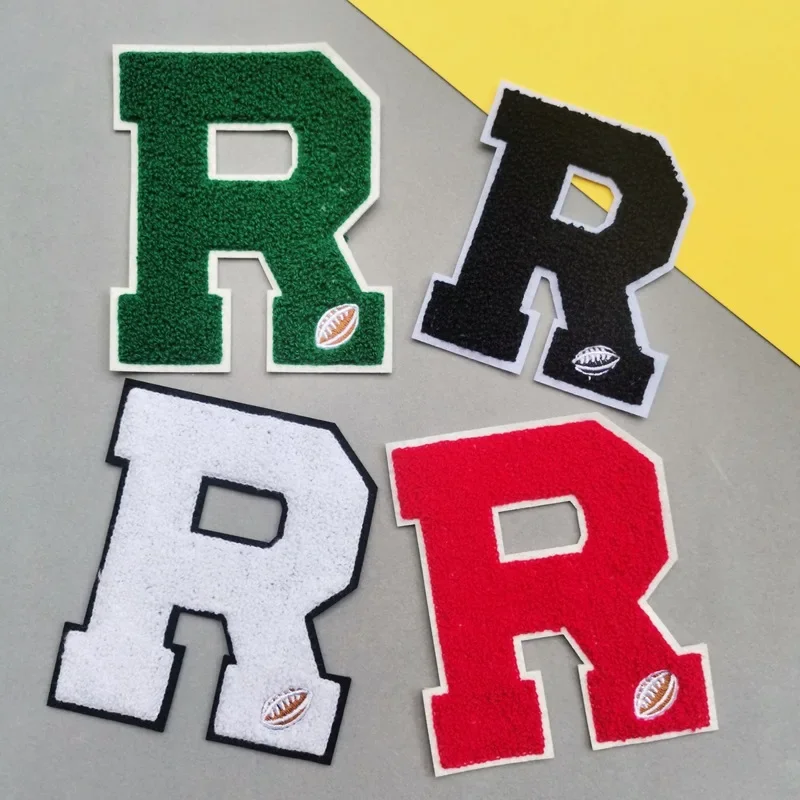 Fleece Embroidery Letter Sew on Patches Colored R Badge Rugby Emblem Appliques Fashion Logo for Boy Sweatshirt Hoodies DIY Decor