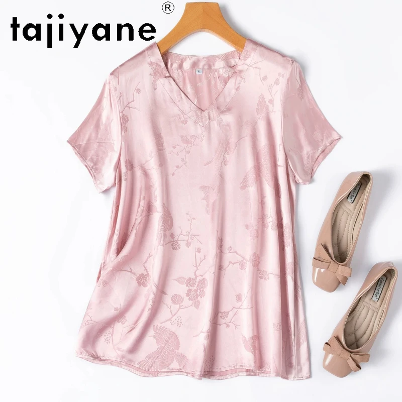 

TAJIYANE Women Silk Pink T Shirt 100% Mulberry Silk 28MM V-neck T Shirts Short Sleeve Summer Tops Woman Clothes 2026 Футболка