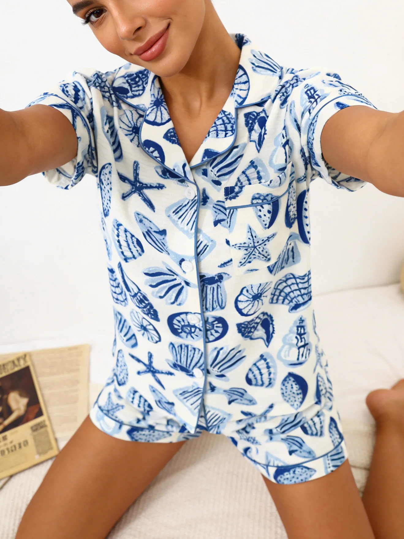 Women Pajamas Cardigan Lapel Short Sleeve Shorts Two Piece Set Loungewear Spring Summer Fresh Ocean Shell Starfish Print White B