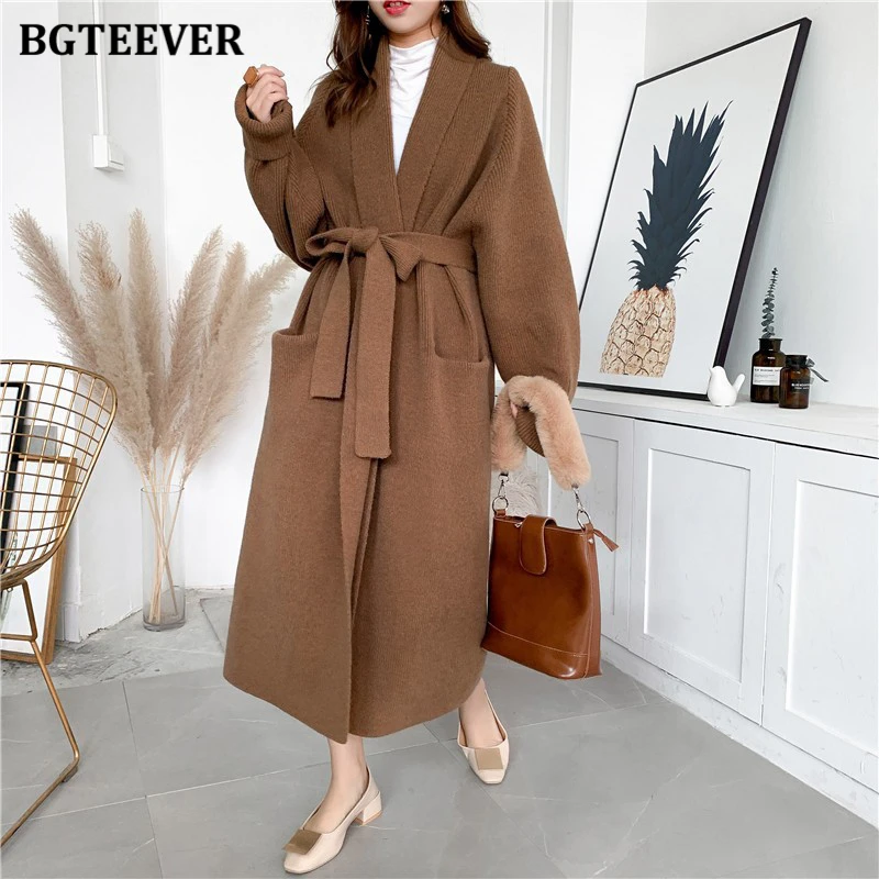 BGTEEVER Stylish Thicken Ladies Cashmere Warm Sweaters Overcoats Lace-up Female Long Knitted Cardigans Autumn Winter