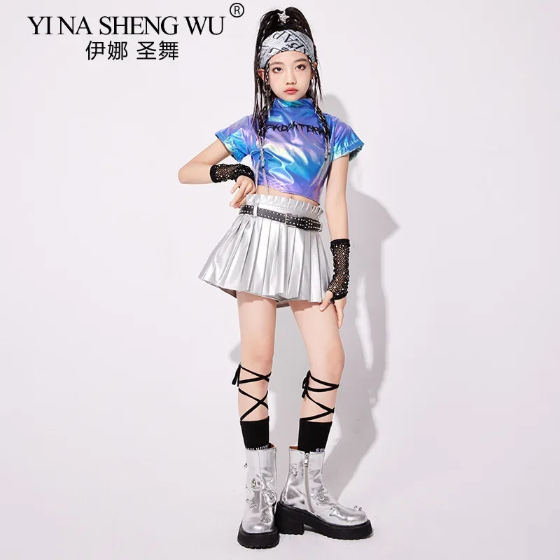 Girls Jazz Dance Costume Kpop Performance Outfit Laser Silver Crop Top And Pleated Skirt Set Street Wear Group Dance Clothes
