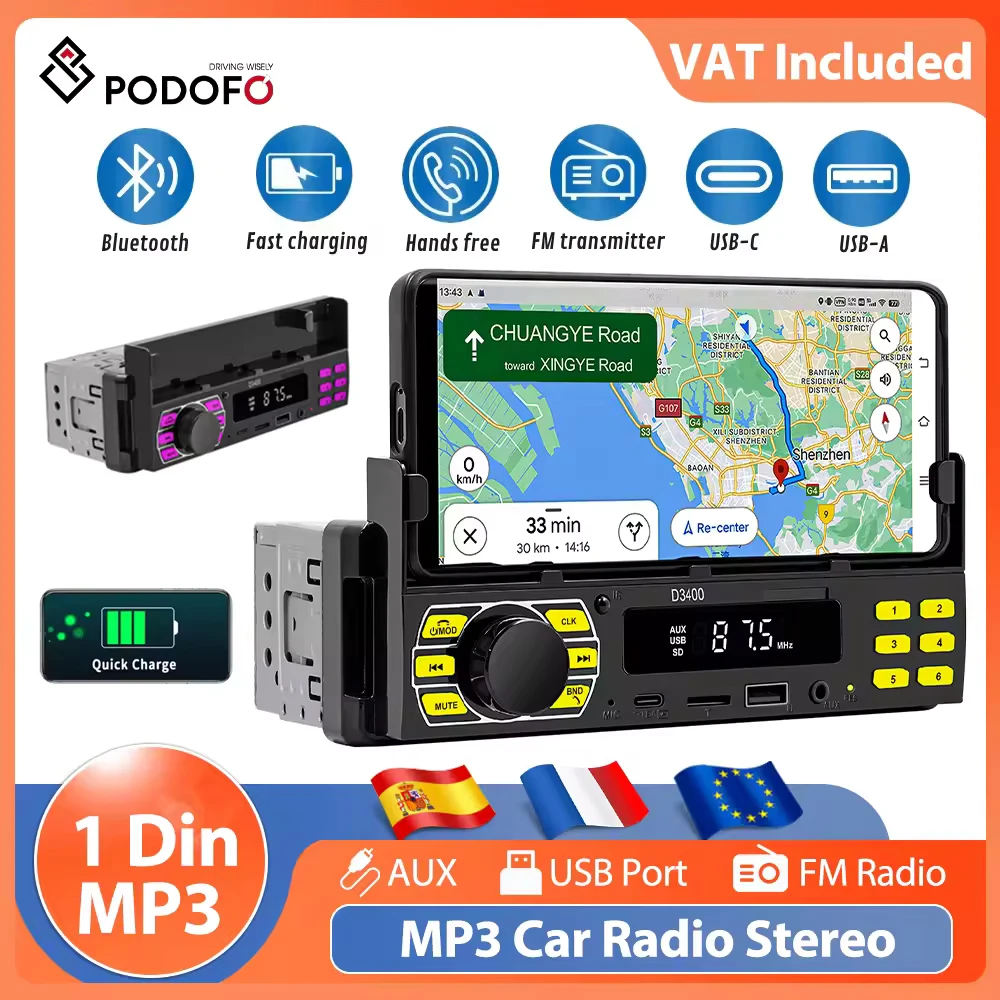 Podofo-reproductor de MP3 1Din, Bluetooth, Universal, Radio para coche, reproductor Multimedia, disco U/AUX In/tarjeta TF, Audio para coche con soporte para teléfono móvil