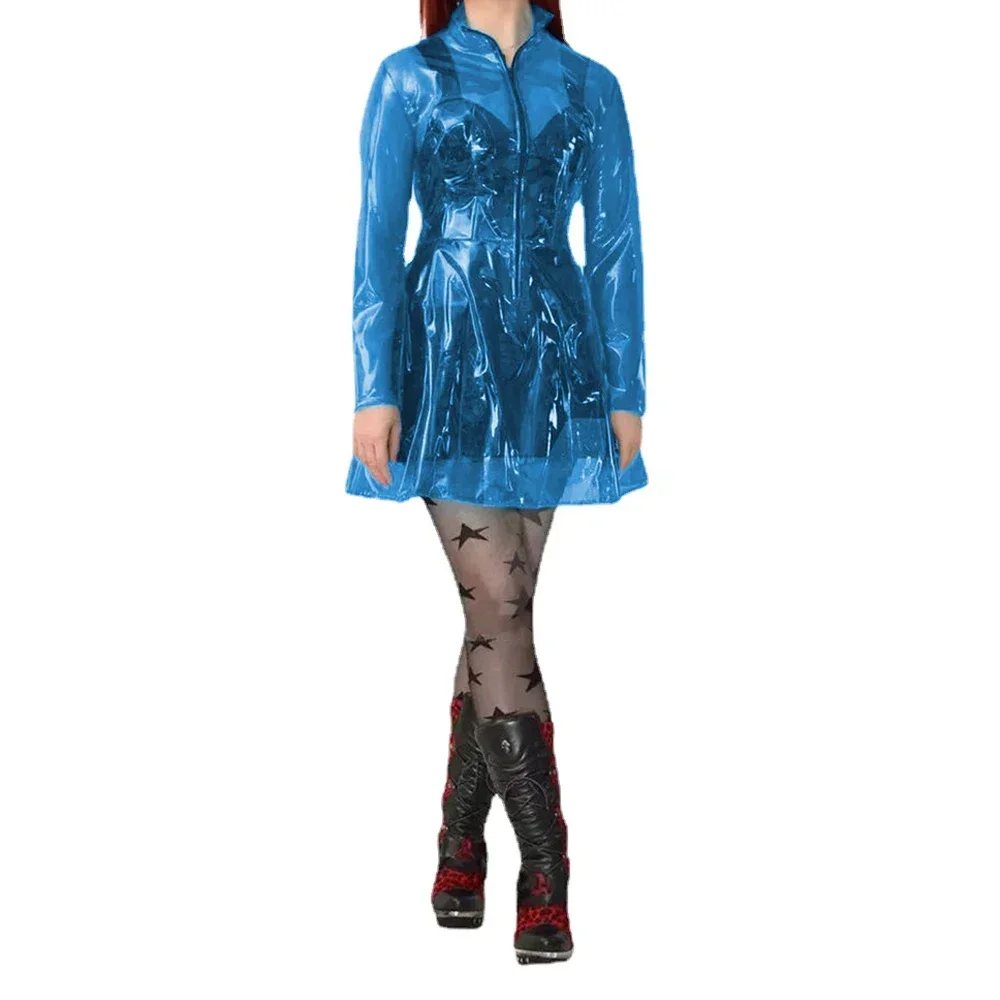 Transparent PVC Dress with Zipper, Stand Neck, Vinyl Plastic, See Through, A-line, Sexy Nightclub, Long Sleeve, Show Stage