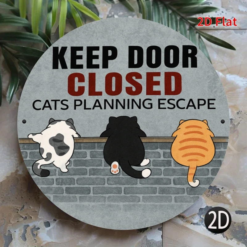 Funny Cat Escape Plan Metal Sign - British Shorthair & Tabby Door Hanger, Keep Door Closed Warning, Heavy-Duty Iron, Cute Pet De