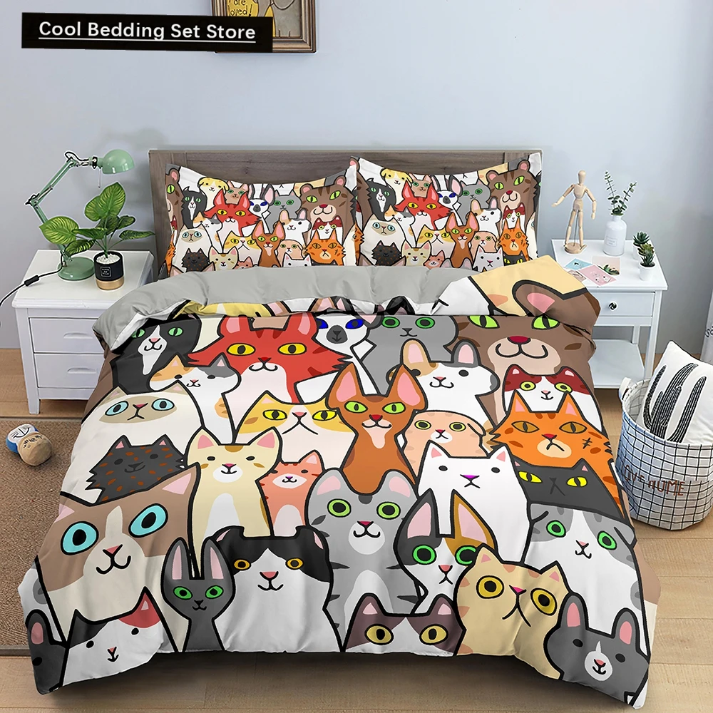 

Cartoon Cat King Queen Duvet Cover Colorful Lovely Animal Bedding Set Kids Pet Kitty Quilt Cover Soft Polyester Comforter Cover