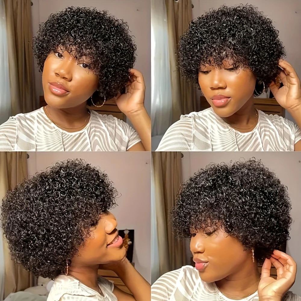 アフロ縮れ毛ウェーブウィッグ　密度150%　6インチピクシーカット　アフロ縮れ毛人毛ウィッグ　女性用　総マシンメイドウィッグ