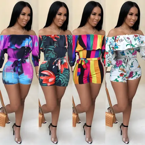 Summer Women's Pleated Off Shoulder Jumpsuit Sexy Slim Fit Bohemian Beach Casual Commuting Print Layered Cuffs Y2k Shorts