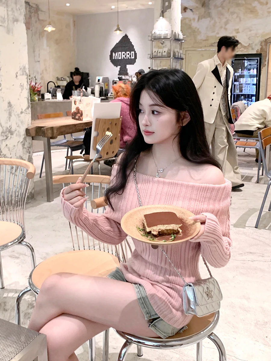 

Bunana, корейский вязаный свитер, женский облегающий длинный свек, дизайн на одно плечо, осень-весна, сладкий цвет