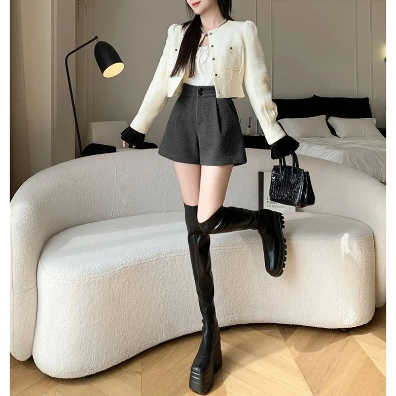 شتاء خريف جديد بلون أنيق مزيج الصوف النساء ألف خط السراويل عالية الخصر فضفاض موضة سليم صالح لباس خارجي بنطال ذو قصة أرجل واسعة #5