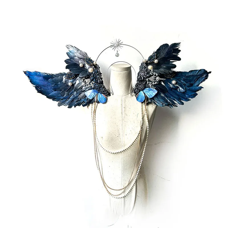 

Angel Feather Wings Exaggerated Headdress Colored Hair Accessories Catwalk Makeup Styling Virgin Aura Ring Pearl Performance
