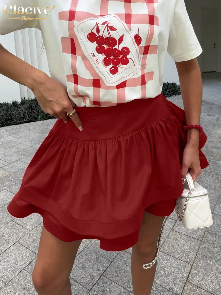 Clacive Spring Loose Red Women's Skirt 2027 Fashion High Waist Mini Skirt Lady Elegant Classic Pleated Skirt Female Clothing