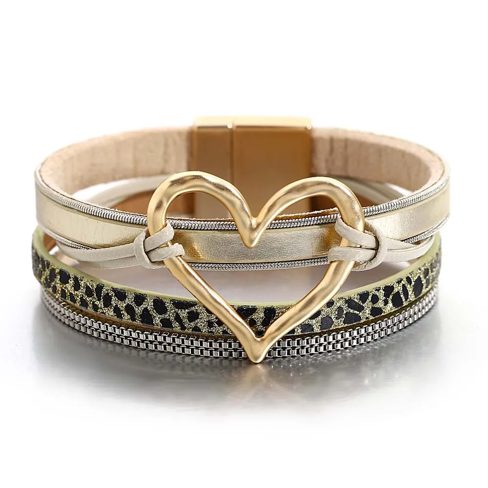 ALLYES Fashion Hollow Heart Leather Bracelet for Women Charm Handmade Braided Multilayer Wrap Leopard Bracelets Jewelry Gifts