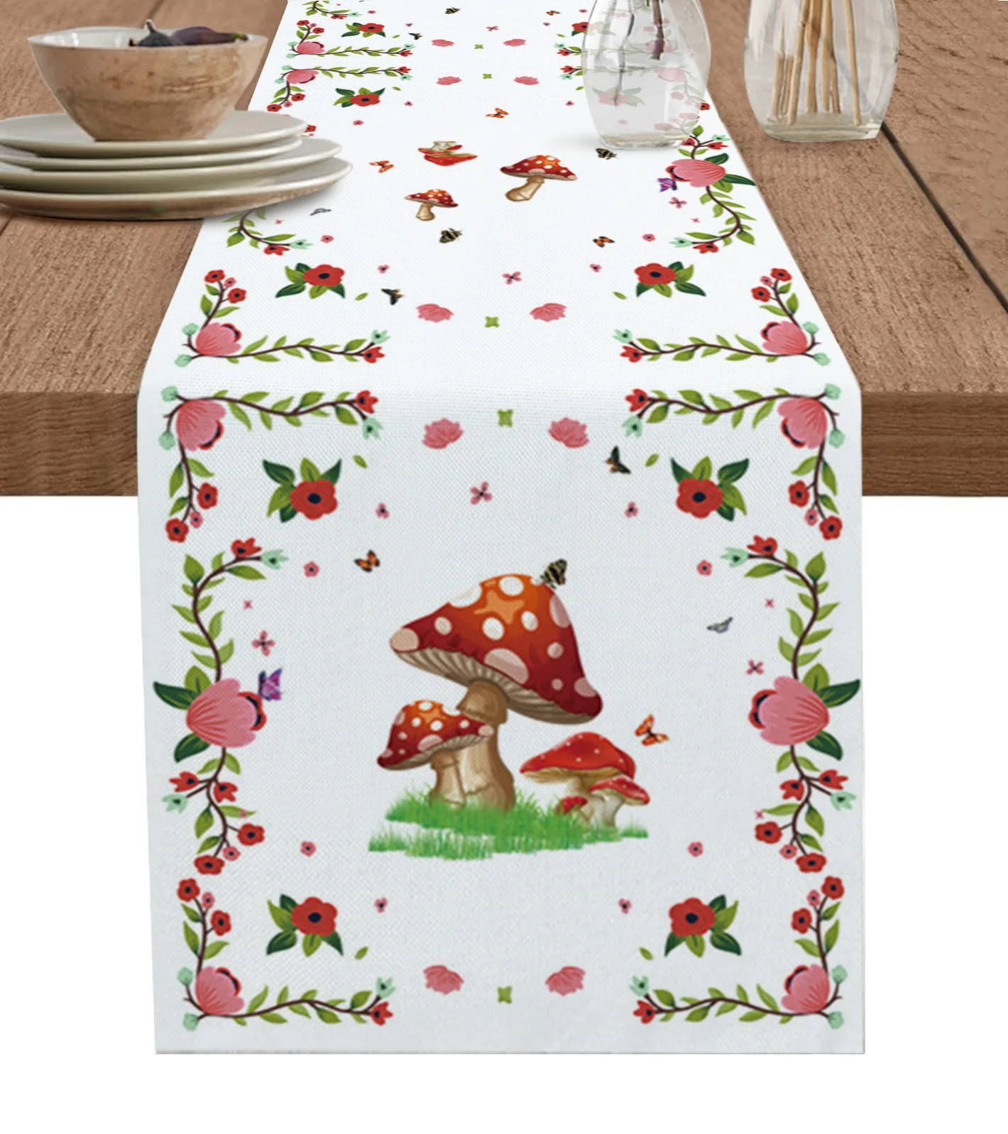 Camino de mesa de flores y mariposas, mantel de lino y algodón, cubierta de lujo para cocina y cena, decoración de fiesta de boda, Primavera