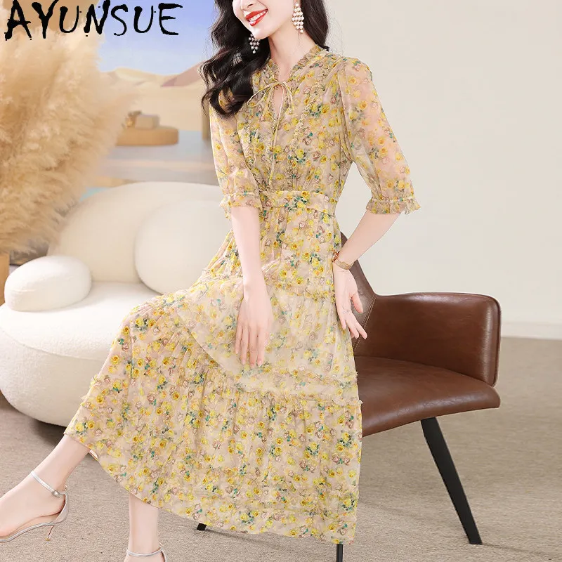 AYUNSUE 100% Natural Mulberry Silk Dress Elegant Dresses for Women Print Beach Dress Summer Woman Clothes 2026 Платье Женское