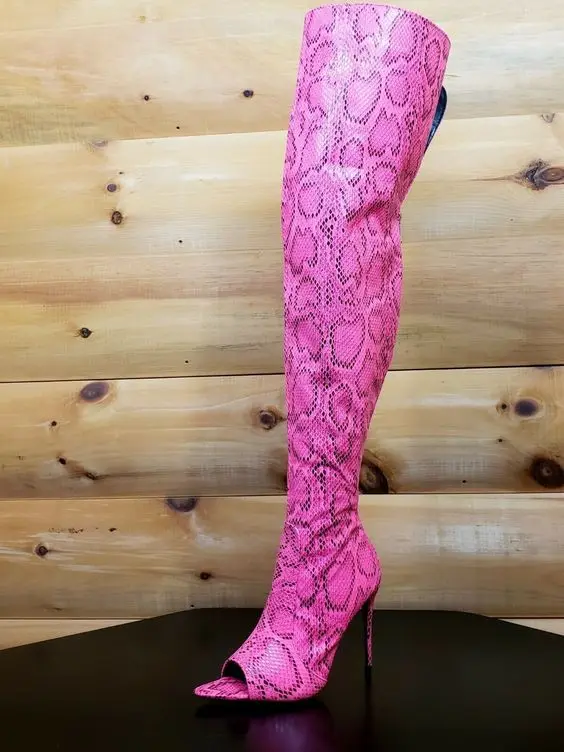 Lady Colorblock Snake Print Side Zipper Pointed Toe Open Boots Sexy Fashion Over Knee Boots Thigh Sandals&Boots Footwear 44