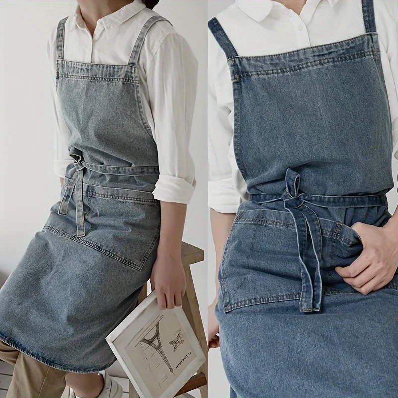 1pc Premium Denim Apron - Heavy-Duty Cotton Canvas, Stain-Resistant, Adjustable Bib Waist - Perfect for Kitchen Cooking, Baking