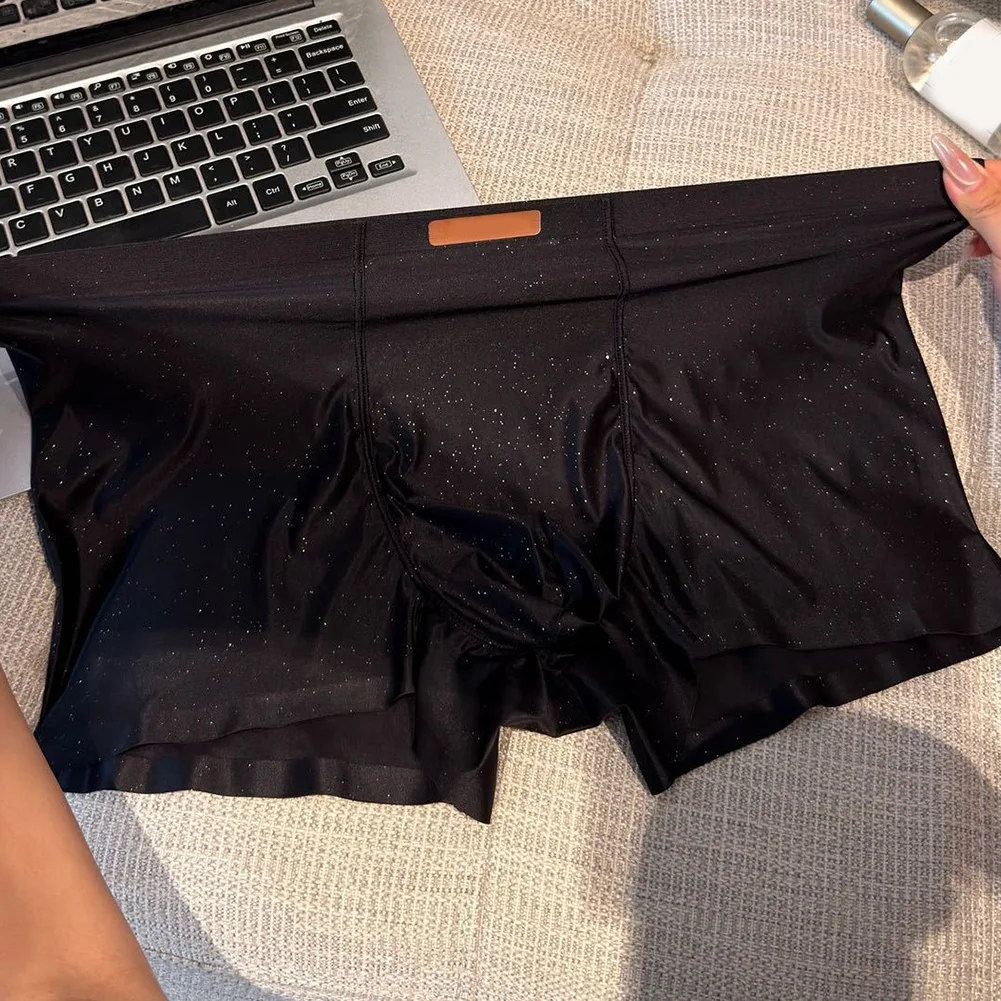 1pc Men Satin Trunks Seamless Shiny Boxer Shorts Ice Silk Middle Waist Panties Solid U Convex Bulge Pouch Underwear Breathable