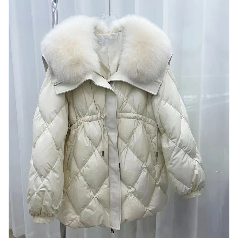 MENINA BONITA 2023 New Winter Women Real Natural Fox Fur Collar White Goose Down Jacket Thick Warm Luxury Windproof Streetwear