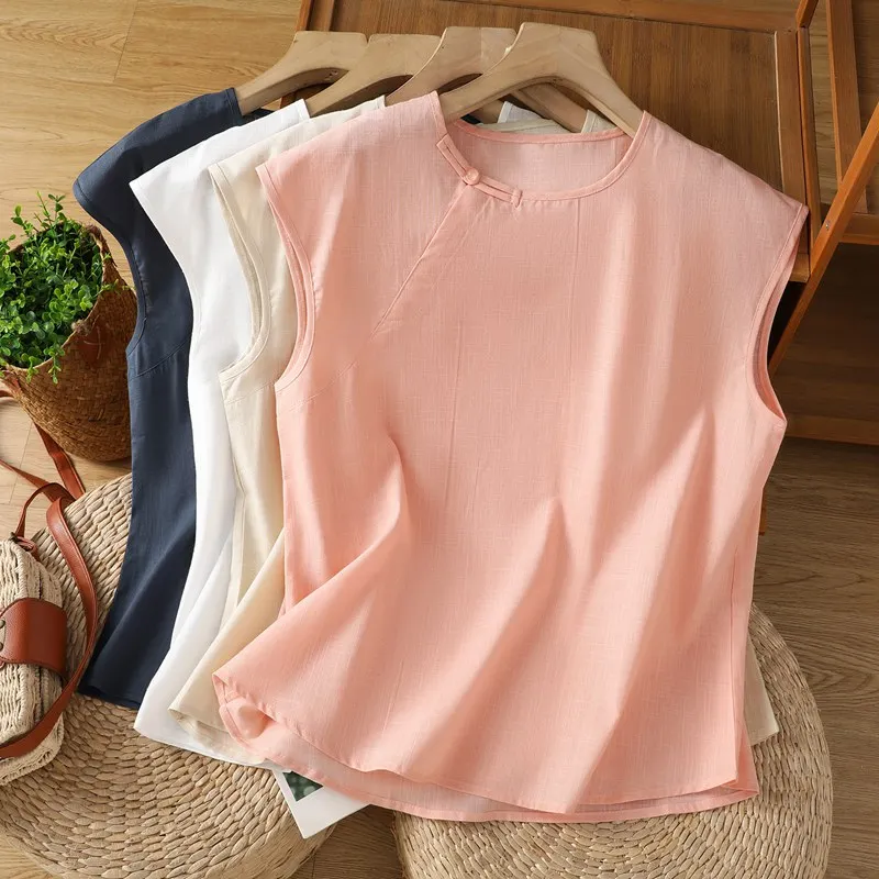 

Summer Loose Cotton And Linen Blouses Women Shirts Casual Vintage Sleeveless Top Solid Color Clothes