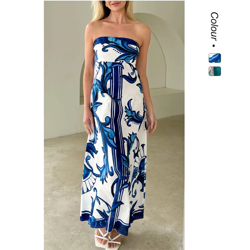 

2026 Summer New Strapless Printed Slim Fit Dress - 68557-1 Women's Casual Dresses Midi Clothes Clothing Outfits