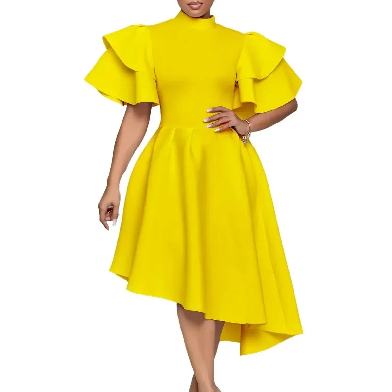 2025 African Party Evening Dresses for Women Summer Fashion African Short Sleeve Polyester White Yellow Orange Midi Dress S-3XL