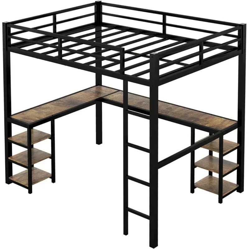 

# Полноразмерная кровать-чердак Bellewave с L-образным столом, металлический каркас, полная кровать-чердак с полками для хранения, сверхмощная металлическая кровать-чердак Fo