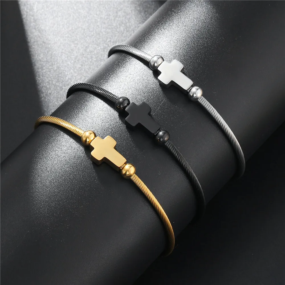 Pulsera de Cruz ajustable para hombre y mujer, brazalete abierto de color dorado, plateado y negro, joyería con dijes cassic, 2024