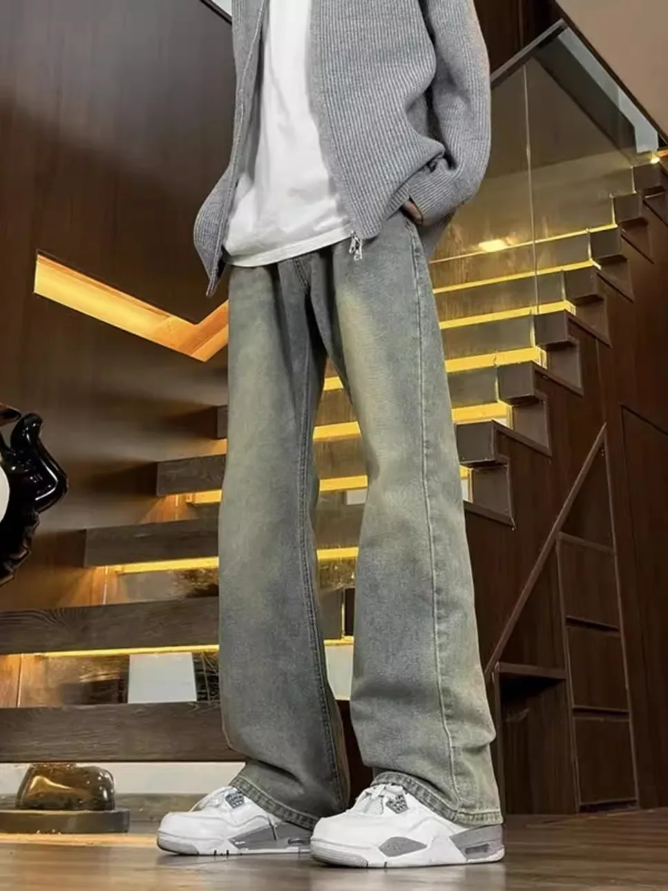 

Retro Blue Men's Skinny Straight Leg Jeans mid Waist Zipper Fly Wear Resistant Cleanfit Sle for Daily Wear Autumn Winter